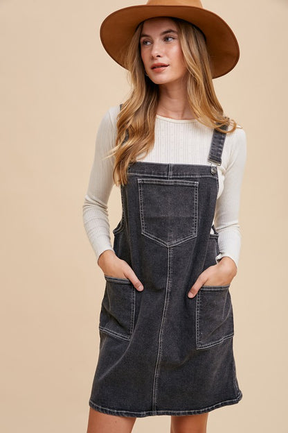 Strap Denim Overall Dress with Pockets