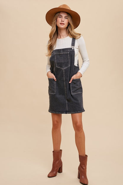 Strap Denim Overall Dress with Pockets