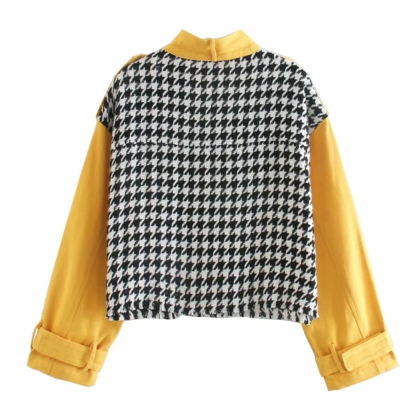 BG Short Houndstooth Woolen Texture Small Lapel Jacket