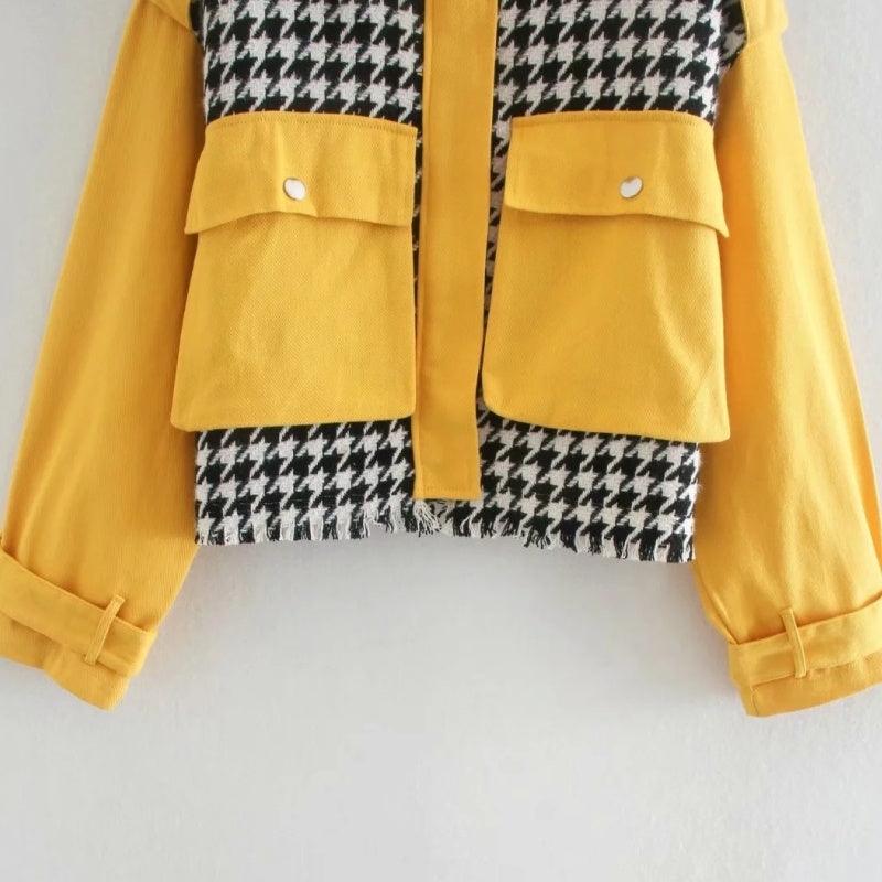 BG Short Houndstooth Woolen Texture Small Lapel Jacket