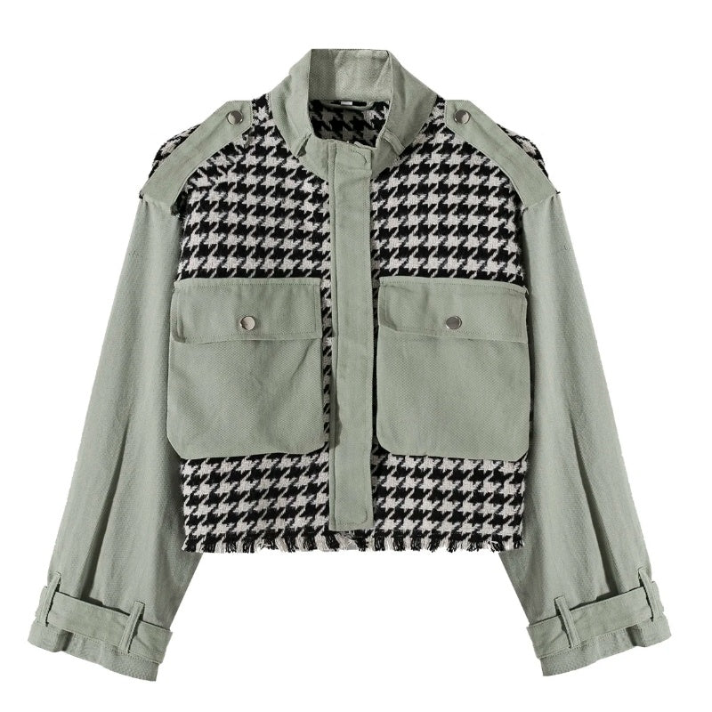 BG Short Houndstooth Woolen Texture Small Lapel Jacket