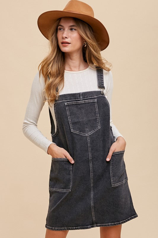 Strap Denim Overall Dress with Pockets