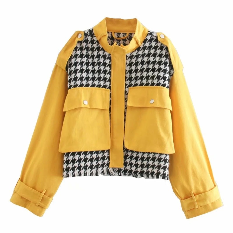 BG Short Houndstooth Woolen Texture Small Lapel Jacket